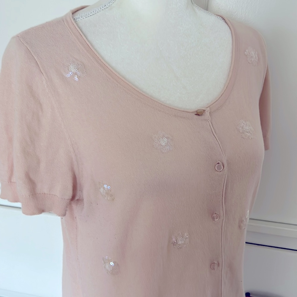 LOFT blush colored short sleeve sequined cardigan. Feminine and versatile.